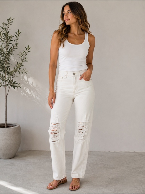 Frame Denim Denim - FRAME Le Original Distressed Ecru High Rise Straight Leg Jeans Size 27